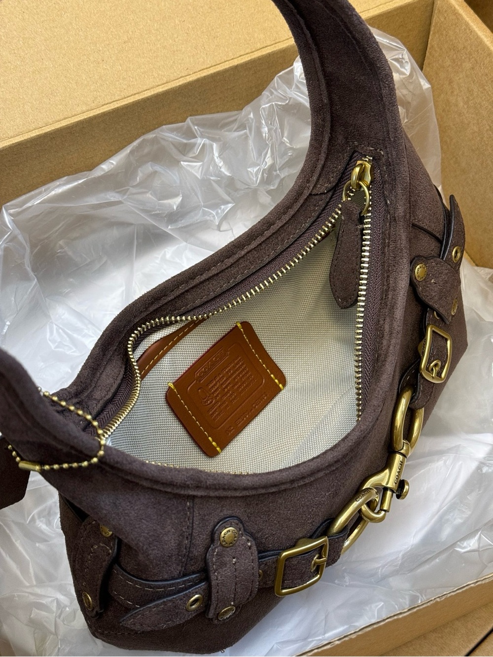 Coach Brown Suede Shoulder Clutch with Gold Hardware - Picture 4 of 6